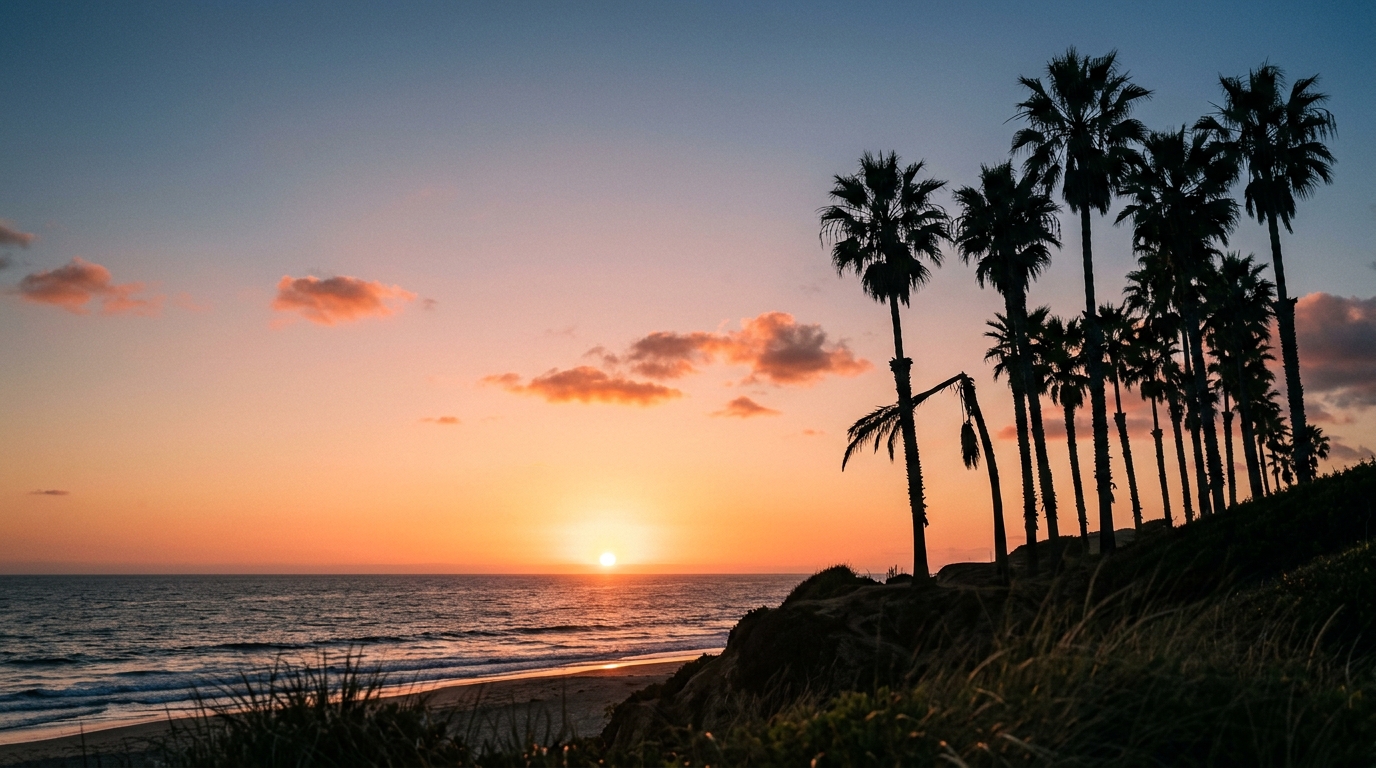 Pacific sunset behind palm silhouettes in San Diego