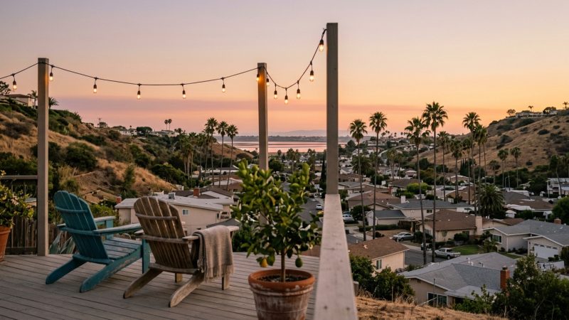 Bay view at sunset from a Bay Park hillside deck, San Diego