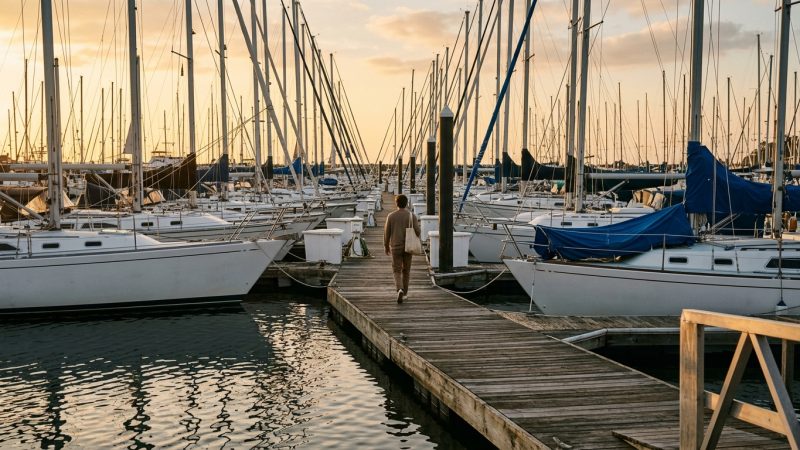 Sailboat masts at golden hour along a Point Loma marina, San Diego