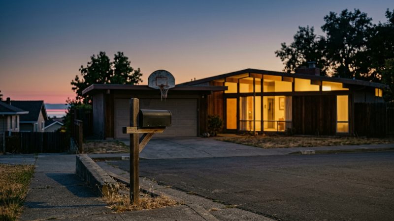 Bay Park mid-century home at dusk above Mission Bay, San Diego