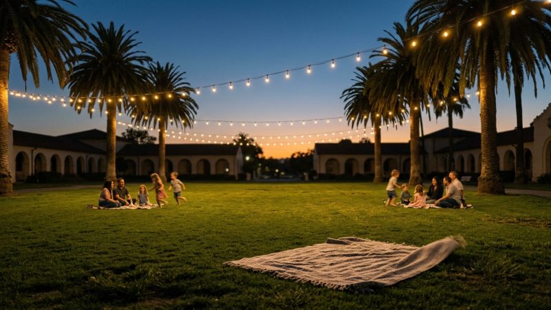 Dusk picnic on the Liberty Station greens, Point Loma