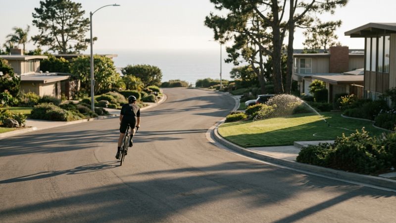 Hillside Muirlands street with ocean haze beyond, La Jolla