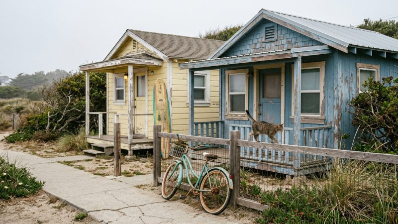 Beach cottages and surfboards in North Ocean Beach, San Diego