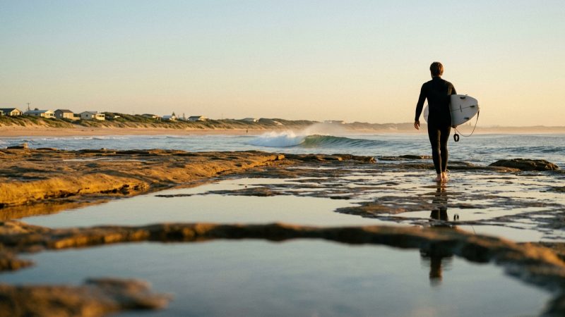 Surfer walking out at Windansea, La Jolla at golden hour