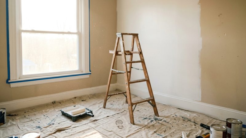 Mid-renovation room with ladder and fresh light, San Diego flip
