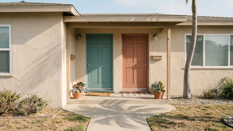 Two front doors of a San Diego duplex in morning light