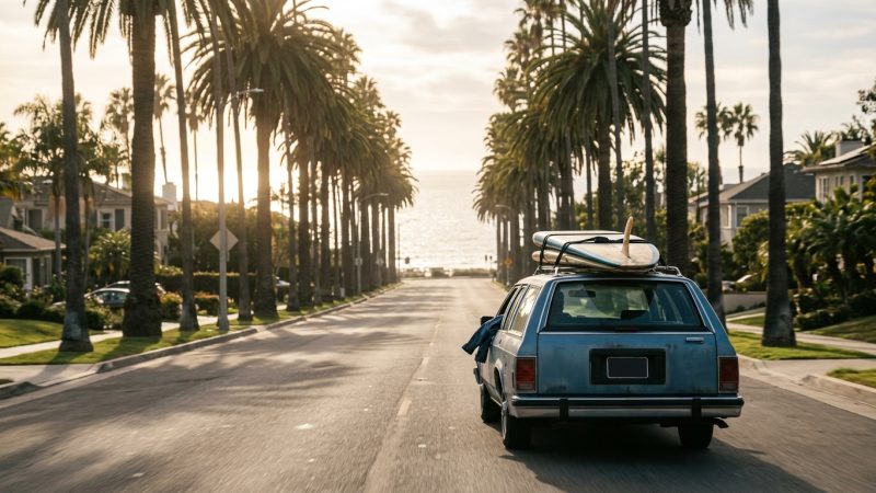 Arriving in San Diego, surfboard on the roof, ocean ahead