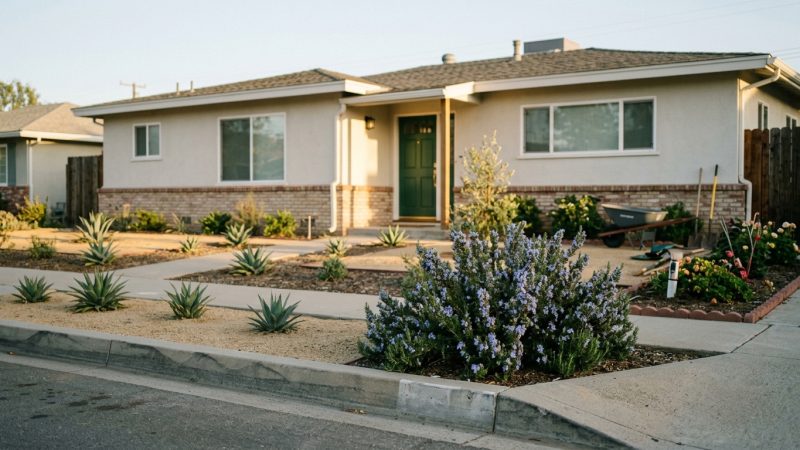 Curb appeal of a tidy San Diego ranch home at golden hour