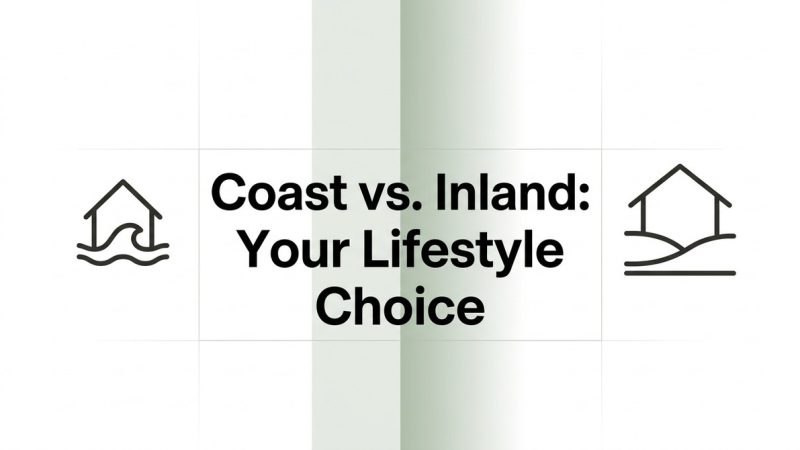Text: "Coast vs. Inland: Your Lifestyle Choice" with house-on-waves and house-on-hills icons for San Diego real estate.