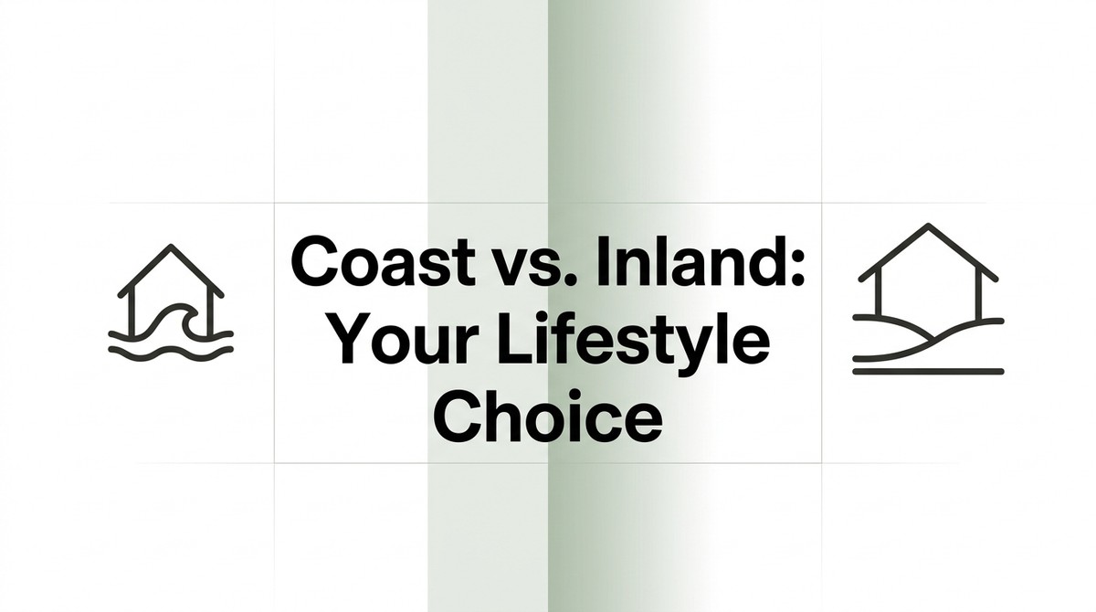 Text: "Coast vs. Inland: Your Lifestyle Choice" with house-on-waves and house-on-hills icons for San Diego real estate.