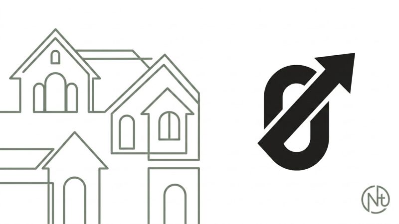 Outline of houses on left, a zero with an upward arrow on the right, and a small logo at bottom right.