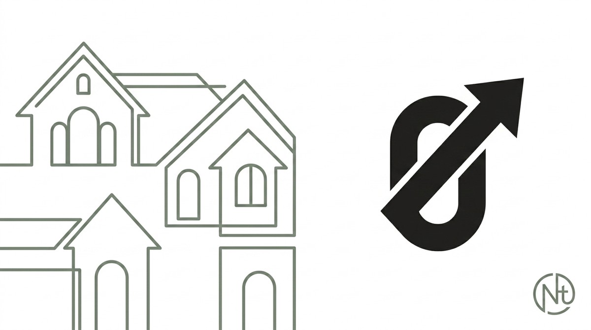 Outline of houses on left, a zero with an upward arrow on the right, and a small logo at bottom right.