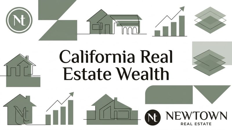 Text "California Real Estate Wealth" with icons of houses, growth charts, and the Newtown Real Estate logo.