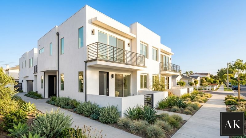Modern white multi-family building with balconies, lush landscaping, and a sidewalk on a sunny day.