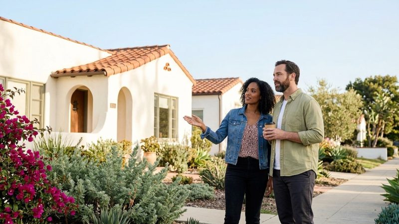 A couple stands on a sidewalk, a woman gesturing toward a white stucco Southern California housing with a red tile roof.