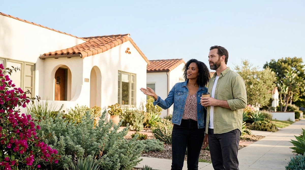 A couple stands on a sidewalk, a woman gesturing toward a white stucco Southern California housing with a red tile roof.