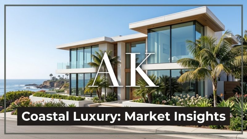 Modern coastal luxury real estate with large windows, palm trees, and ocean views under a clear sky.
