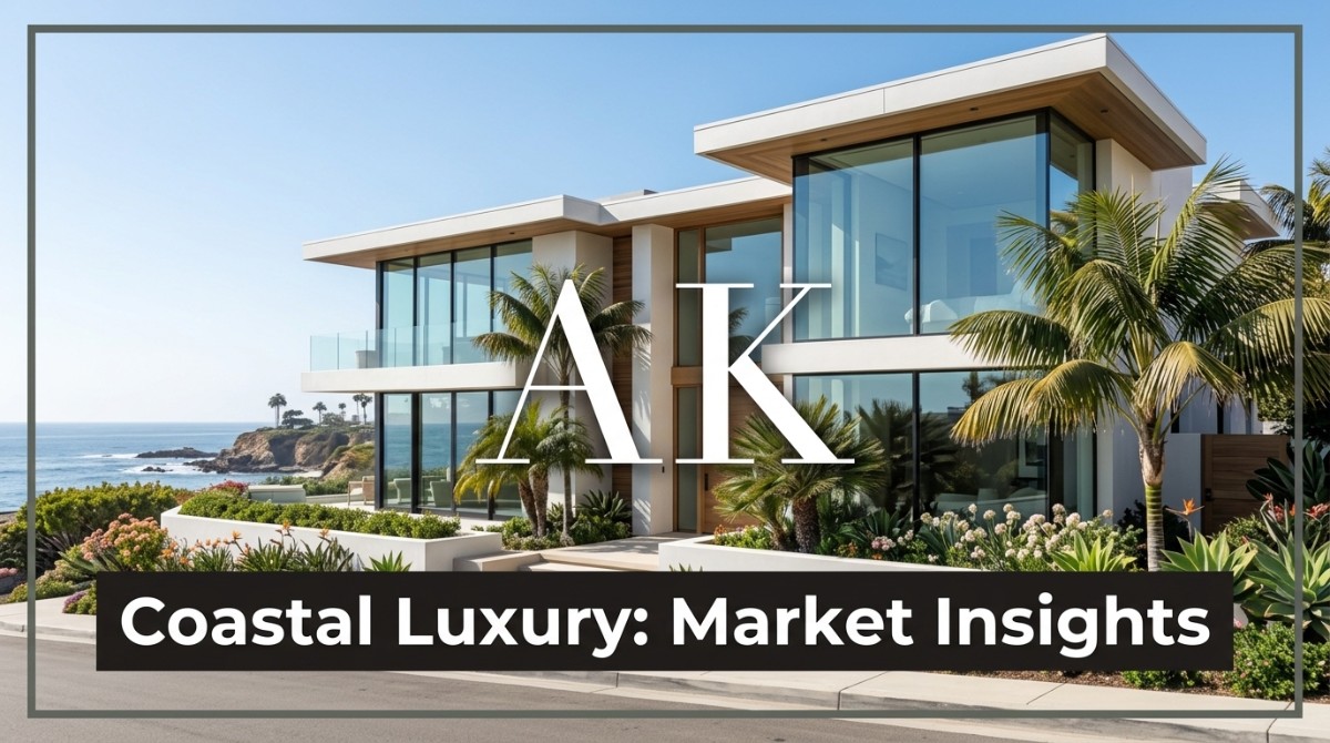 Modern coastal luxury real estate with large windows, palm trees, and ocean views under a clear sky.