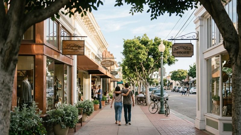 A couple walks down a tree-lined street past shops with awnings and an "Antique Store" sign.