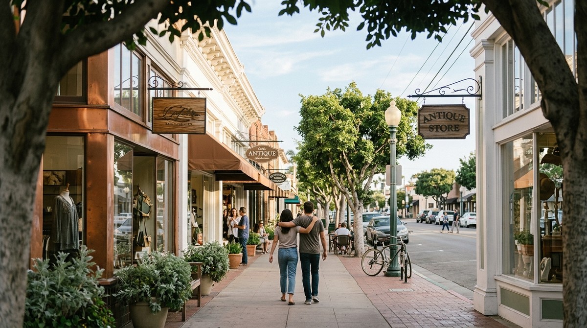 A couple walks down a tree-lined street past shops with awnings and an "Antique Store" sign.