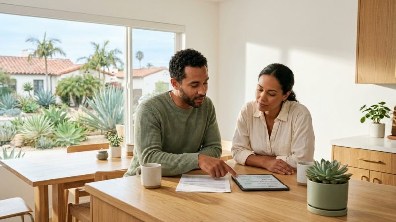 A couple reviews documents and a tablet at a kitchen island, with a lush San Diego landscape outside.