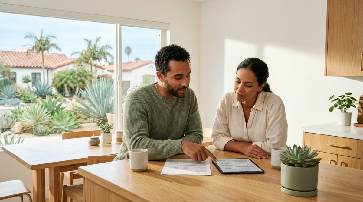 A couple reviews documents and a tablet at a kitchen island, with a lush San Diego landscape outside.