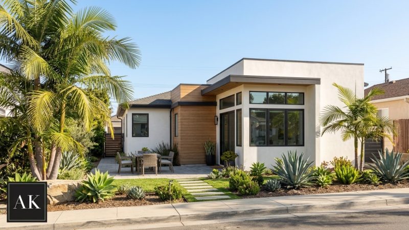 Modern white house with wood siding, large windows, landscaped yard with palms and succulents, enhancing ADU additions proper