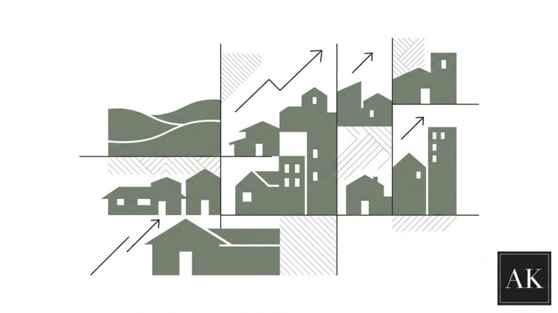 A grid of green houses and buildings, some with upward arrows, suggesting growth or rising prices.
