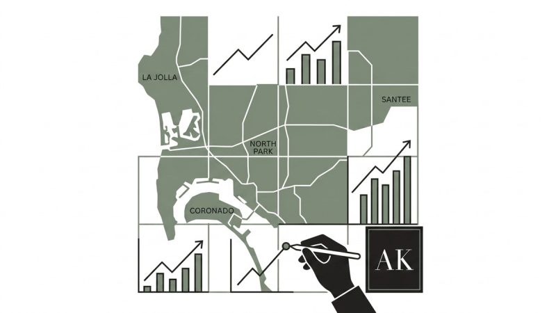 A grid with a San Diego map, showing La Jolla, North Park, Coronado, and Santee. Graphs show rising trends. A hand draws a li