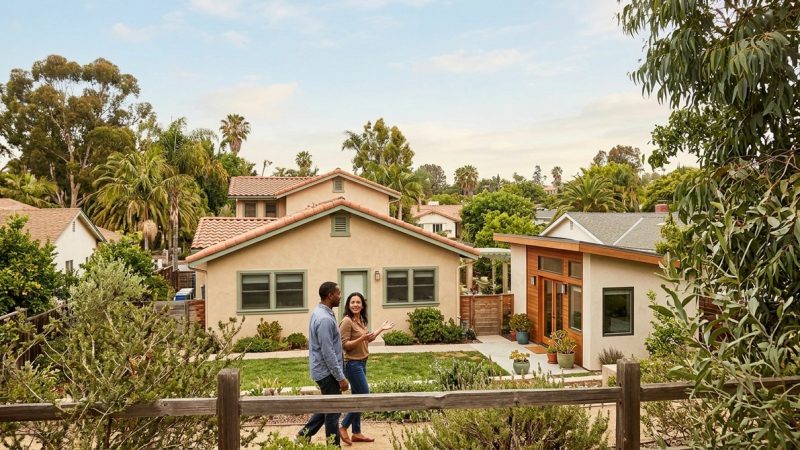 A couple walks past a beige house with a red-tiled roof and a modern ADU in a San Diego neighborhood.