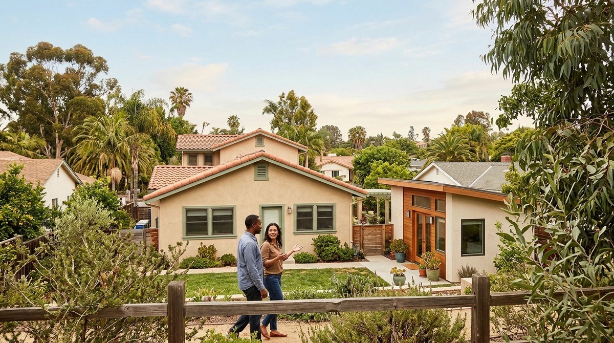A couple walks past a beige house with a red-tiled roof and a modern ADU in a San Diego neighborhood.