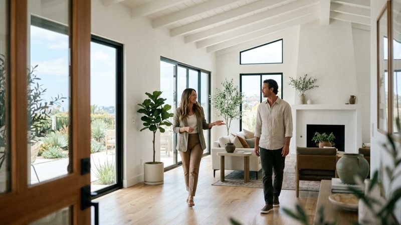 A woman and man walk through a bright, modern Southern California fix-and-flip home with large windows.
