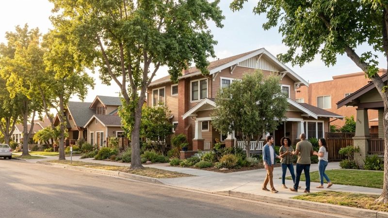 Four friends chat on a sunny North Park street lined with Craftsman-style homes and lush trees.