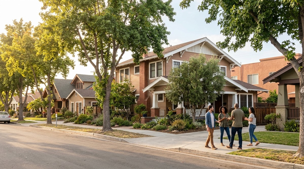 Four friends chat on a sunny North Park street lined with Craftsman-style homes and lush trees.