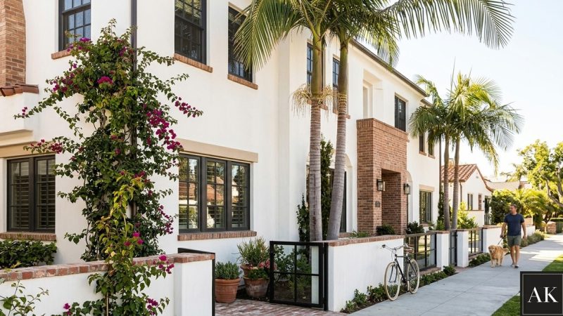 White multi-family building with brick accents, palm trees, and bougainvillea. A man walks his dog on the sidewalk.