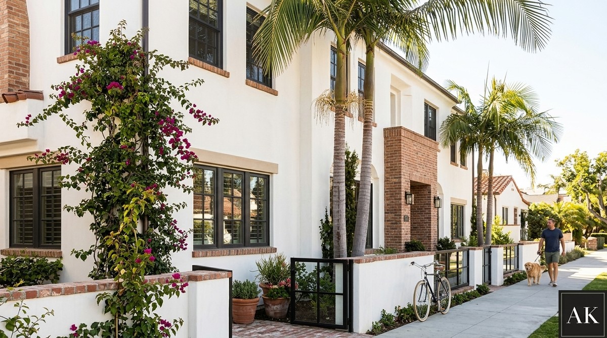White multi-family building with brick accents, palm trees, and bougainvillea. A man walks his dog on the sidewalk.