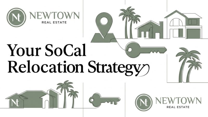 Line art of houses, palm trees, keys, and a location pin, with "Your SoCal Relocation Strategy" text.