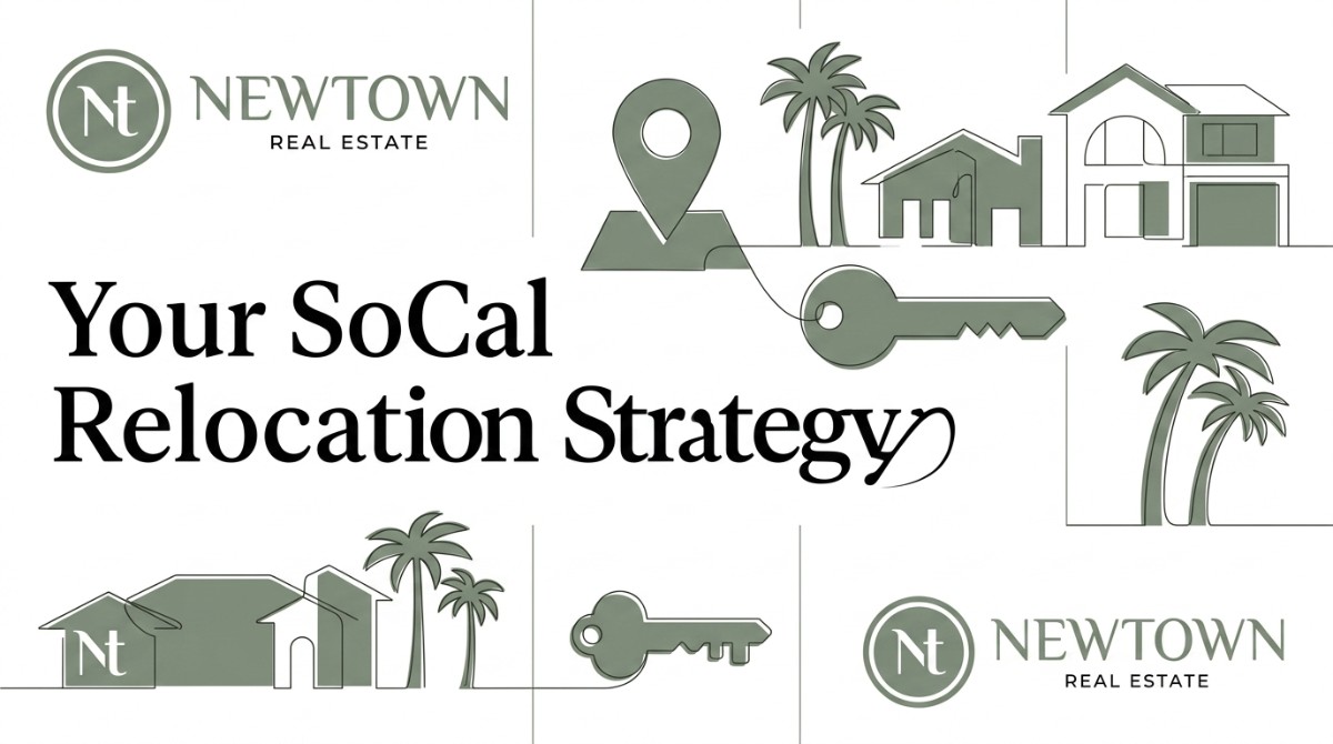 Line art of houses, palm trees, keys, and a location pin, with "Your SoCal Relocation Strategy" text.