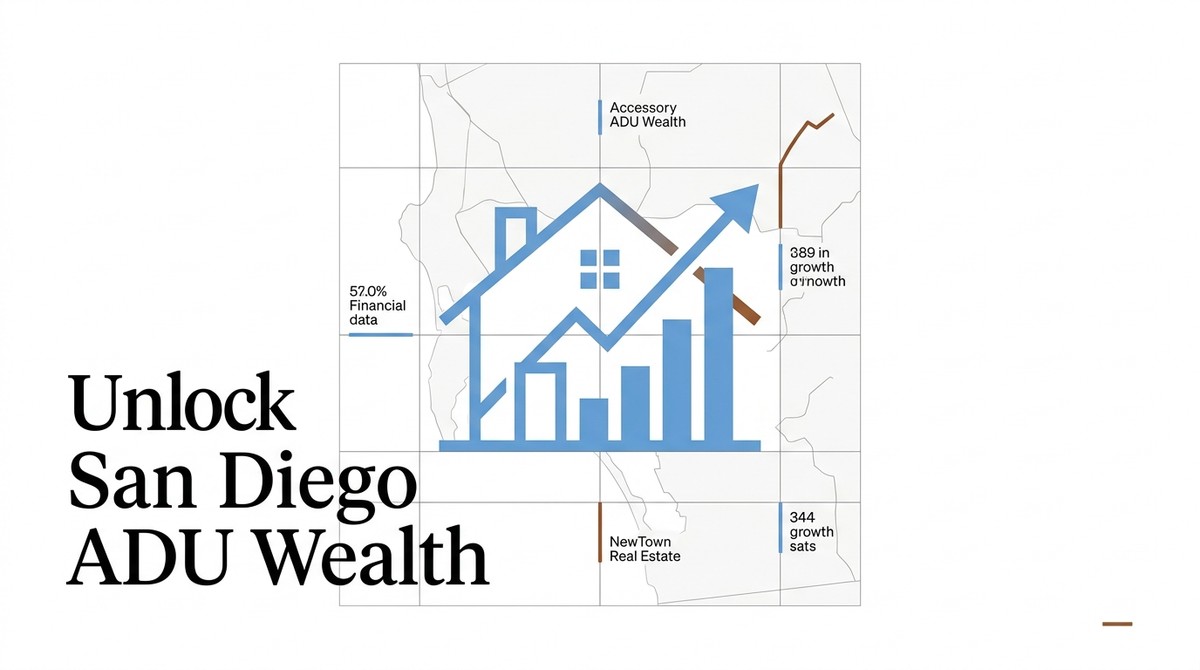 Blue house icon with rising bar graph and arrow, indicating growth for San Diego ADU potential.