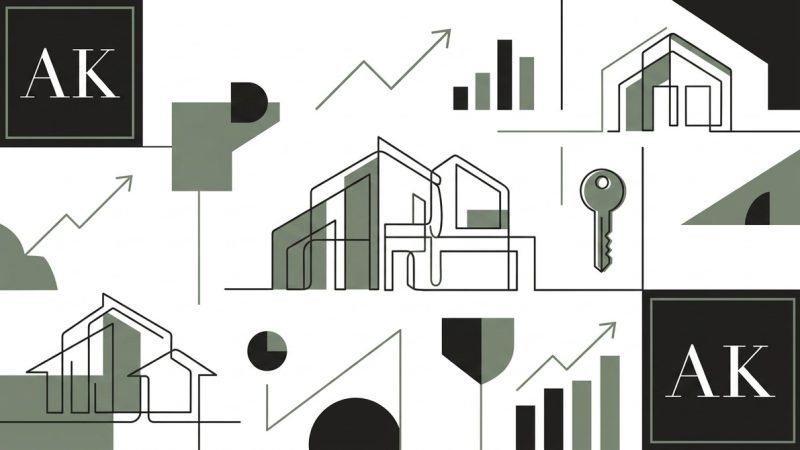 Abstract design with line-art houses, keys, upward arrows, and bar graphs, representing fix-and-flip project breakdowns.