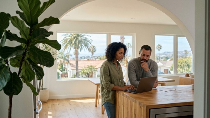A couple looks at a laptop on a kitchen island with palm trees and Southern California housing visible outside.