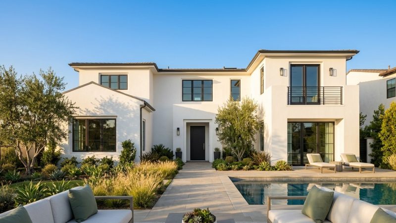 Modern white Southern California real estate home with black windows, a pool, and lush landscaping.
