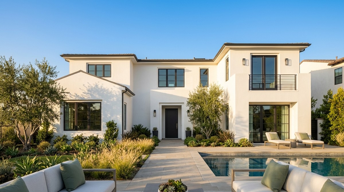 Modern white Southern California real estate home with black windows, a pool, and lush landscaping.