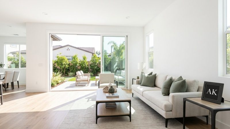 Bright, modern living room with a light sofa, green pillows, and a sliding glass door to a patio.
