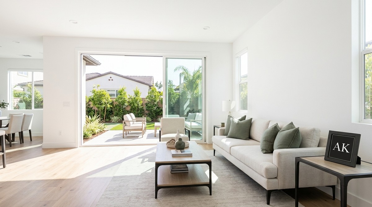 Bright, modern living room with a light sofa, green pillows, and a sliding glass door to a patio.