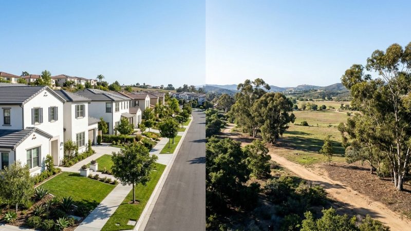 A split image showing a suburban street with houses on the left and a natural landscape with trees and fields on the right.
