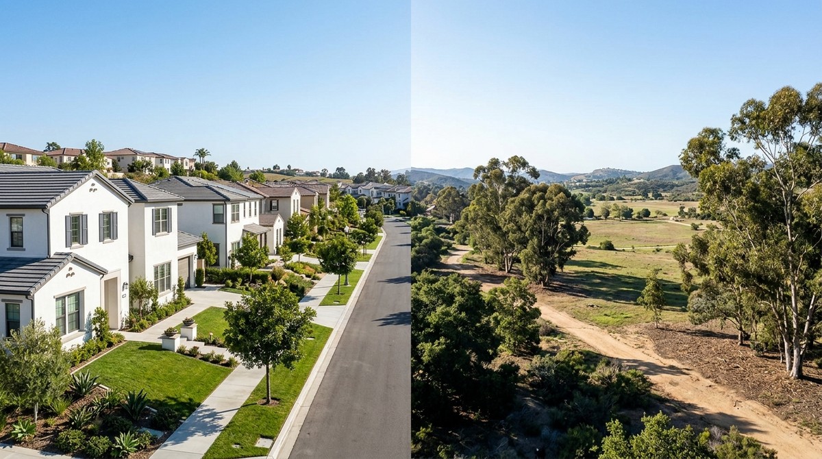 A split image showing a suburban street with houses on the left and a natural landscape with trees and fields on the right.