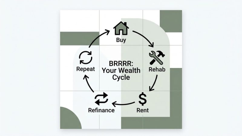 Diagram of the BRRRR method wealth cycle: Buy, Rehab, Rent, Refinance, Repeat, with icons.