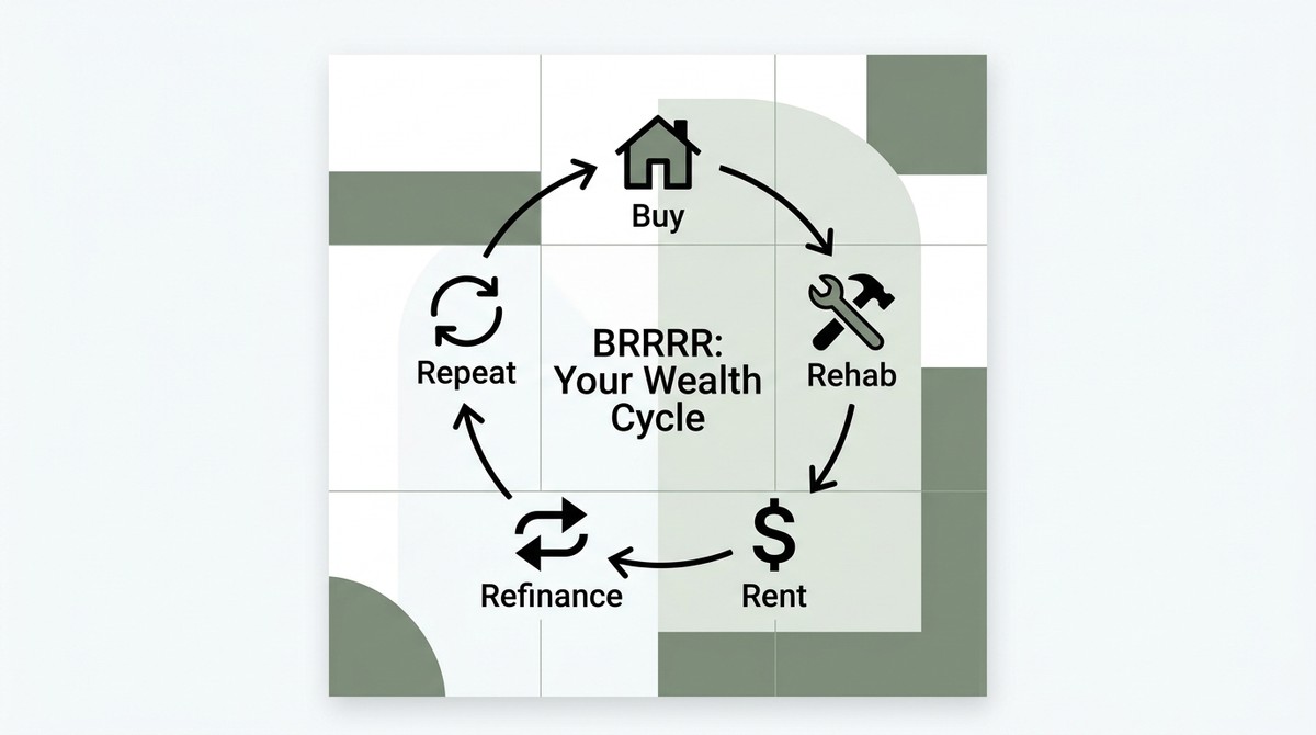 Diagram of the BRRRR method wealth cycle: Buy, Rehab, Rent, Refinance, Repeat, with icons.