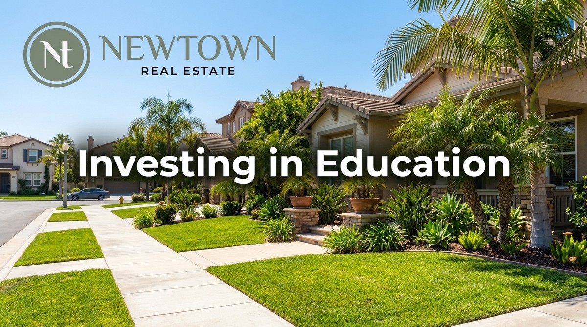 Suburban street with a Poway school zone home, palm trees, green lawns, and the text "Investing in Education.